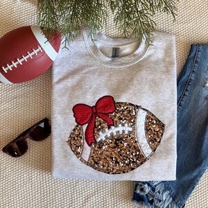 Gold Sequin Football With Red Bow Gildan Ash Sweatshirt Size Medium
